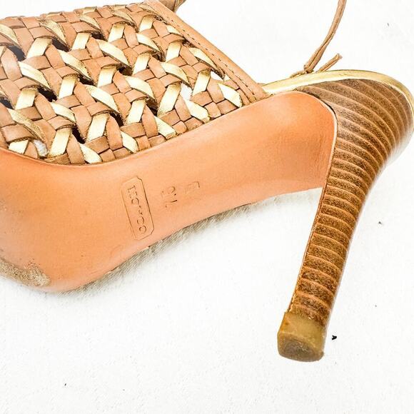Coach Leela Brown Woven Basketweave Metallic Heeled Open Toe Sandal 7.5 - Picture 2 of 7